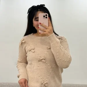 بلوز بافتنی رنگ بژ/کرم تیره طرحدار زنانه